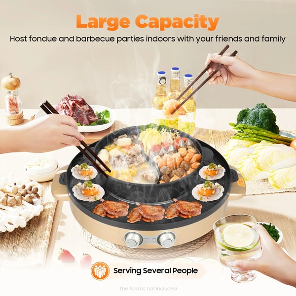 Elektrisk hotpot - Grill 2-i-1 - 2200 W - Delt yin-yang-gryde - Glaslåg - Non-stick belægning - Bordmodel - Blå