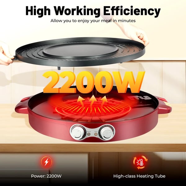 Elektrisk Hotpot med Grill - 2-i-1 - Yin-Yang Delt Gryde - 2200 W - Non-stick Belægning - Glaslåg - Lyserød