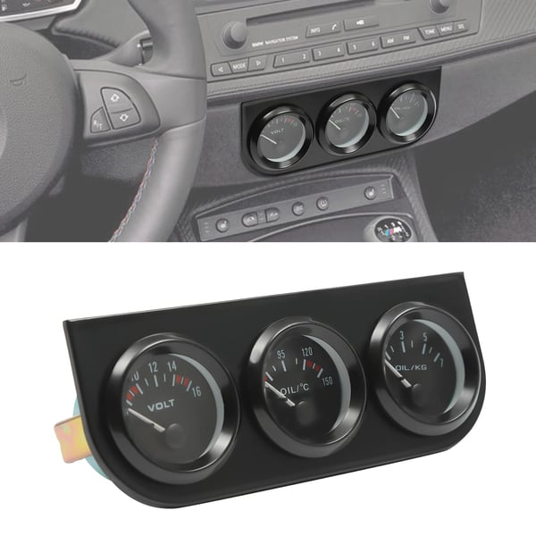 Bilinstrument - 52 mm 3-i-1 måler - Olietryk, Vandtemperatur, Voltmeter - 12V LED - Sort