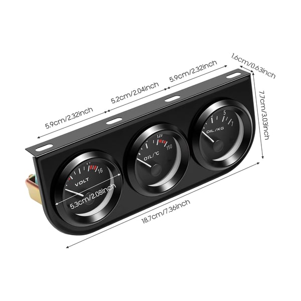 Bilinstrument - 52 mm 3-i-1 måler - Olietryk, Vandtemperatur, Voltmeter - 12V LED - Sort