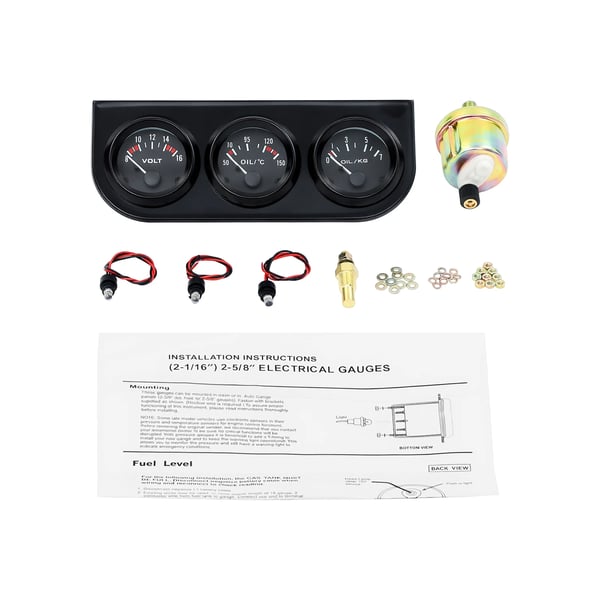 Bilinstrument - 52 mm 3-i-1 måler - Olietryk, Vandtemperatur, Voltmeter - 12V LED - Sort