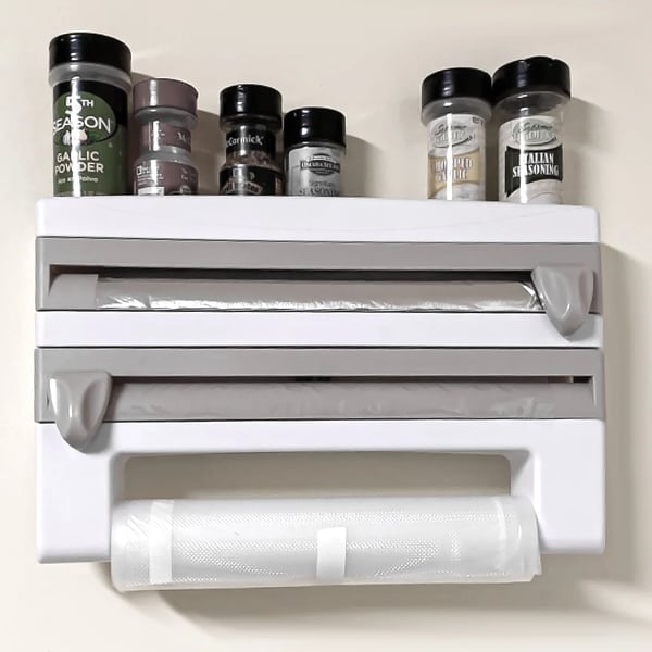 Køkkenorganizer - Vægmonteret folie- og madfilm-dispenser - Med hylde - Til folie, film & bagepapir - Robust HIPS-plast - Lysegrå