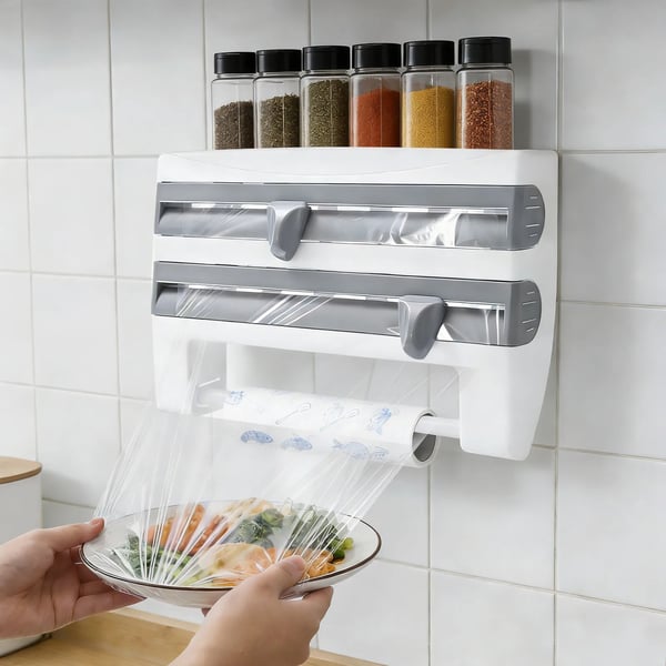Køkkenorganizer - Vægmonteret folie- og madfilm-dispenser - Med hylde - Til folie, film & bagepapir - Robust HIPS-plast - Lysegrå