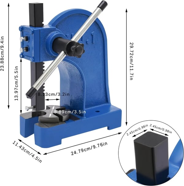 Dornpresse - 1 ton håndspakpresse - Robust stål - Til stansning af læder, aluminium, smykker - Manuel bænkpresse