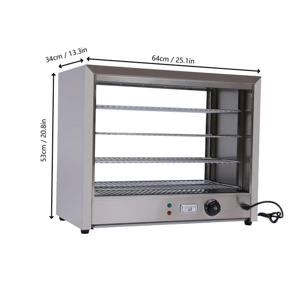 Varmevitrine - Displayskab - 4 Etager - Aftagelige Hylder - Belyst - 800 W, 220 V - Justerbar 30–85 °C - Rustfrit Stål - Sølv