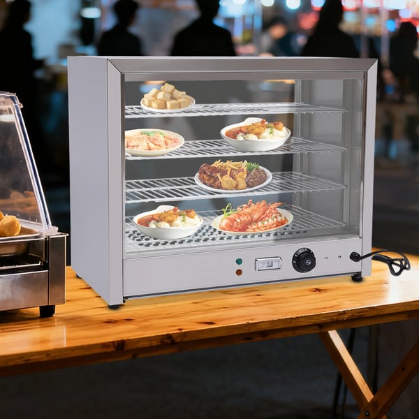 Varmevitrine - Displayskab - 4 Etager - Aftagelige Hylder - Belyst - 800 W, 220 V - Justerbar 30–85 °C - Rustfrit Stål - Sølv