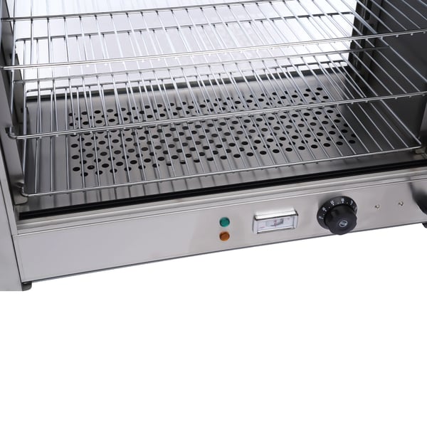 Varmevitrine - Displayskab - 4 Etager - Aftagelige Hylder - Belyst - 800 W, 220 V - Justerbar 30–85 °C - Rustfrit Stål - Sølv