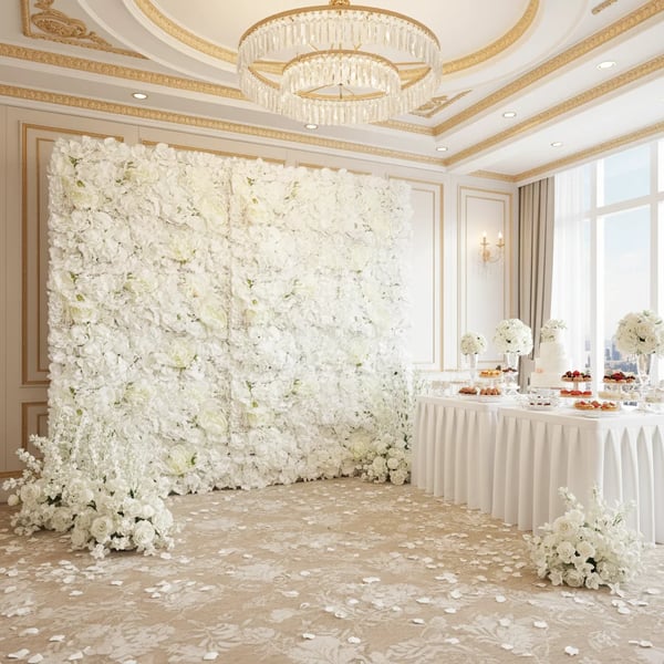 Kunstig blomstervæg - Panel til fotobaggrund - Plast - Blomsterhoveder - Bryllup - Indendørs - Hvid