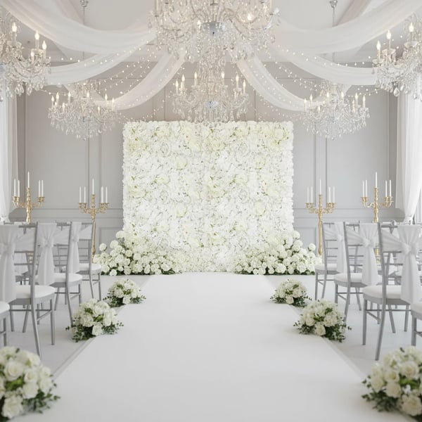 Kunstig blomstervæg - Panel til fotobaggrund - Plast - Blomsterhoveder - Bryllup - Indendørs - Hvid