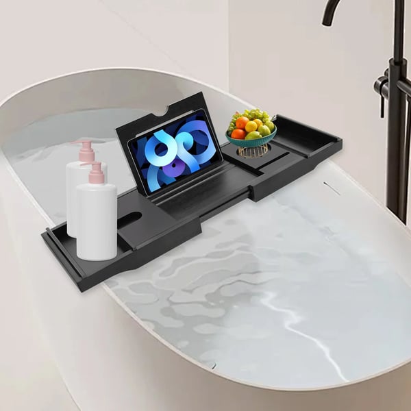 Badekarsbakke - Badekar Hylde - Justerbar 75–111 cm - Bambus - Til bog, vin, sæbe, lys - Sort