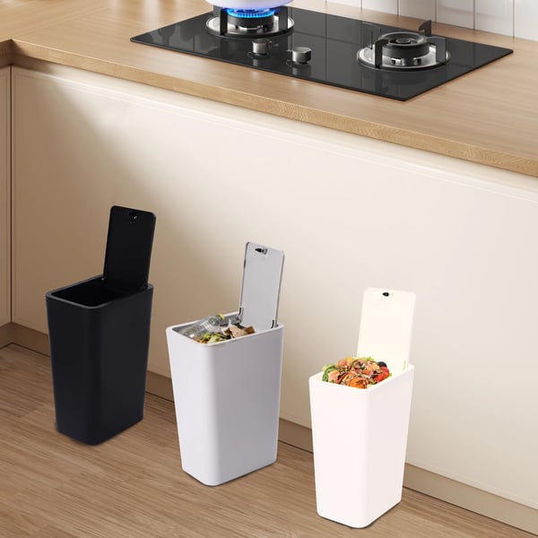 Skraldespand - 3-pak 9 l - Med låg - Polypropylen - Mål 22,2×15,7×33 cm - Til køkken/badeværelse - Sort/Hvid/Grå