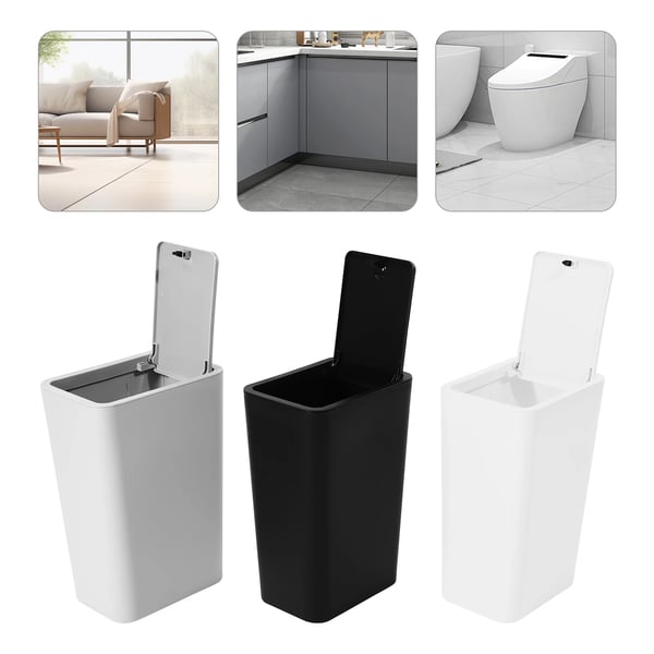 Skraldespand - 3-pak 9 l - Med låg - Polypropylen - Mål 22,2×15,7×33 cm - Til køkken/badeværelse - Sort/Hvid/Grå