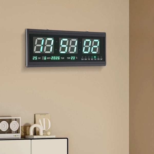 Digital LED-klocka - Väggklocka - 48×19 cm - Tyst - Auto-dimning - Tid/Datum/Temp - 220V nätdrift - Triangulär design - Grön