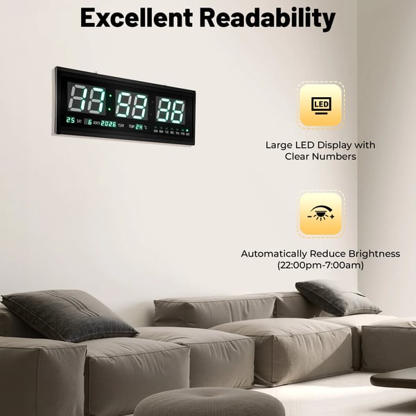 Digital LED-klocka - Väggklocka - 48×19 cm - Tyst - Auto-dimning - Tid/Datum/Temp - 220V nätdrift - Triangulär design - Grön