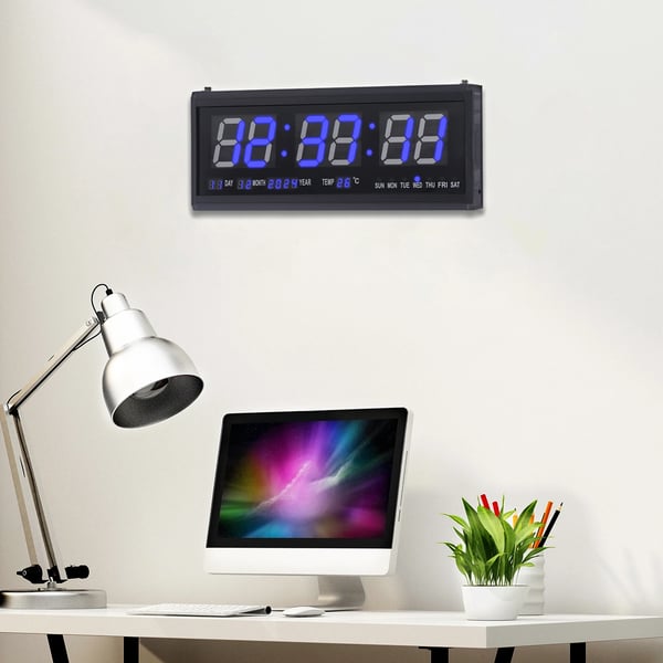 LED vægur - Digital 48×19 cm - Automatisk dæmpning - Lydløs - Tid/Dato/Temperatur - 220 V netstrøm - Blå