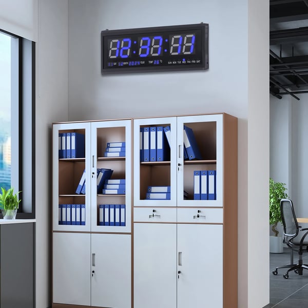 LED vægur - Digital 48×19 cm - Automatisk dæmpning - Lydløs - Tid/Dato/Temperatur - 220 V netstrøm - Blå
