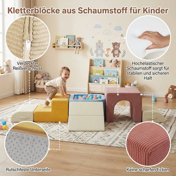 Småbørns klatresæt - Skumblokke med rutsjebane - 7 Dele - Indendørs brug - Bueformet Døråbning - 160×120×45 cm - Blå