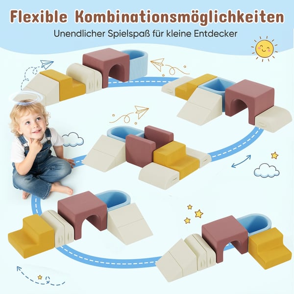 Småbørns klatresæt - Skumblokke med rutsjebane - 7 Dele - Indendørs brug - Bueformet Døråbning - 160×120×45 cm - Blå