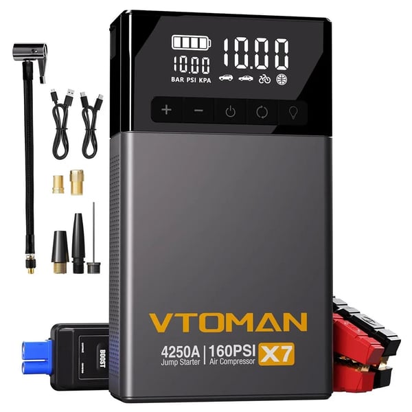 X7 - Bil starthjælp med luftkompressor - 4250A - 12 V op til 10L benzin/diesel - 160 PSI - 13 cm smartskærm - 88,8 Wh - USB-C 18 W - Gul