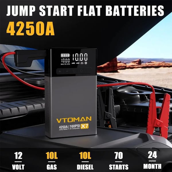 X7 - Bil starthjælp med luftkompressor - 4250A - 12 V op til 10L benzin/diesel - 160 PSI - 13 cm smartskærm - 88,8 Wh - USB-C 18 W - Gul