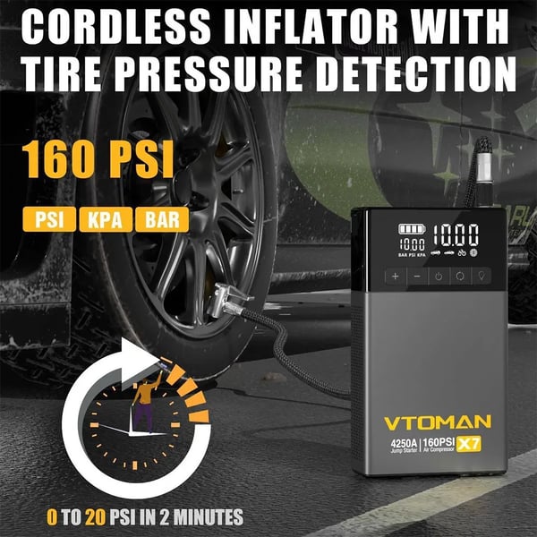 X7 - Bil starthjælp med luftkompressor - 4250A - 12 V op til 10L benzin/diesel - 160 PSI - 13 cm smartskærm - 88,8 Wh - USB-C 18 W - Gul