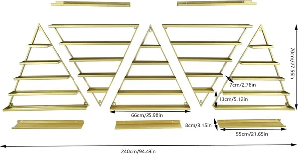 Neglelakshylde & stativ - Væghængt metalhylde - Triangulært display - 10-pak - Til kosmetik - Guld