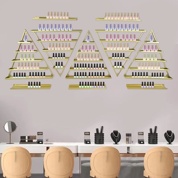 Neglelakshylde & stativ - Væghængt metalhylde - Triangulært display - 10-pak - Til kosmetik - Guld