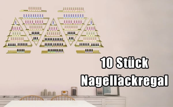 Neglelakshylde & stativ - Væghængt metalhylde - Triangulært display - 10-pak - Til kosmetik - Guld