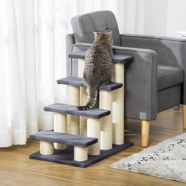 Kattmöbel - Kattrappa med Sisal-klösstolpe - 4 Steg - 60 x 42 x 61 cm - Mjuk Plysch - Spånskiva - Grå