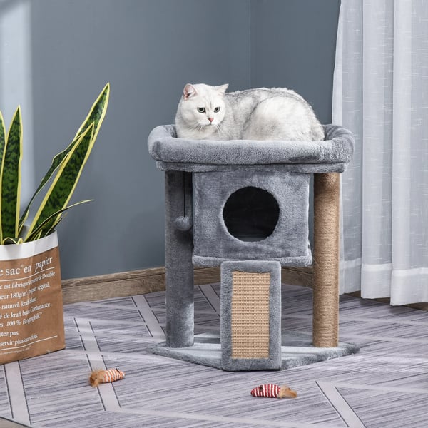 Klösträd för katter - Katträd - 40x40x57 cm - 4 Nivåer - Jutepelare - Klösramp - Säng - Hängande boll - Grå