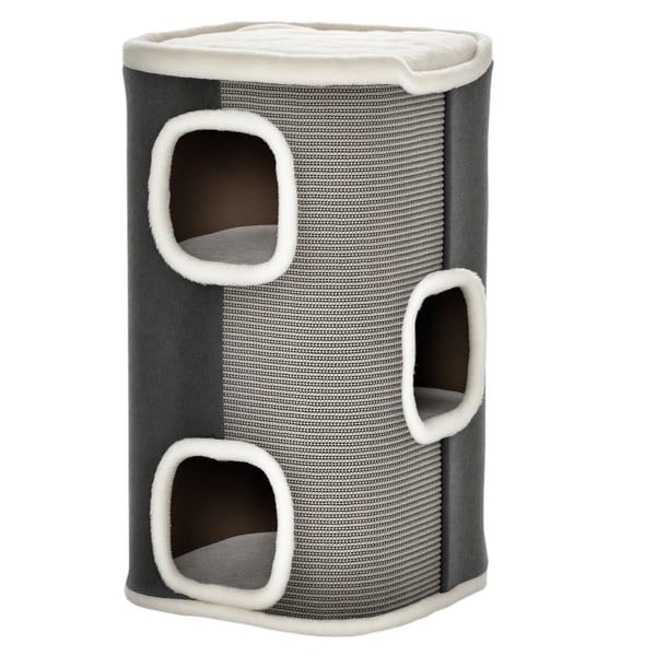 Kattklösträd och klösstolpe - 4 Nivåer - Trä & Sisal, Polyester - 40 x 40 x 74 cm - Grå