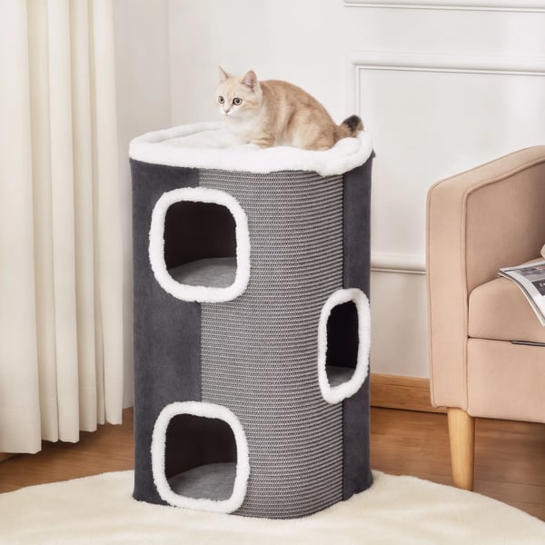Kattklösträd och klösstolpe - 4 Nivåer - Trä & Sisal, Polyester - 40 x 40 x 74 cm - Grå