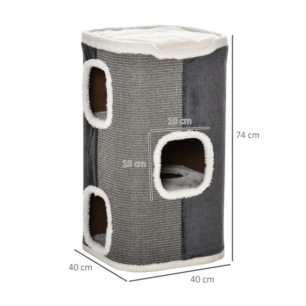 Kattklösträd och klösstolpe - 4 Nivåer - Trä & Sisal, Polyester - 40 x 40 x 74 cm - Grå