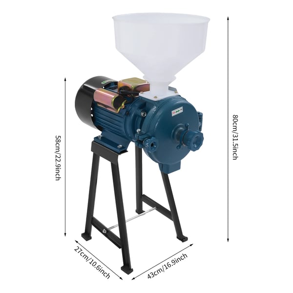 Elektrisk kornkværn - Mel- og majsmølle - 2200 W - 220 V - 1400 o/min - Til tørre korn & bønner - Med tragt - Blå