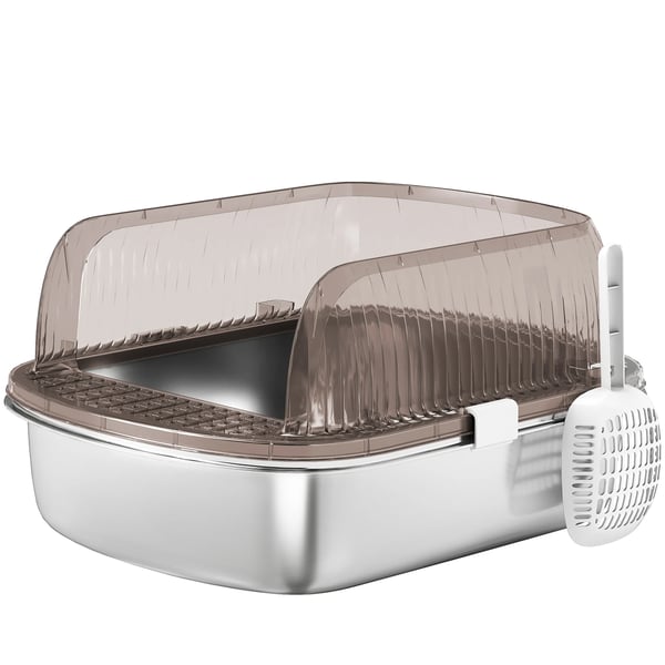 Kattlåda - Täckt - Bricka i rostfritt stål - Höga kanter - Skopa ingår - Anti-spridningszon - 53×42×27 cm - Antracitgrå