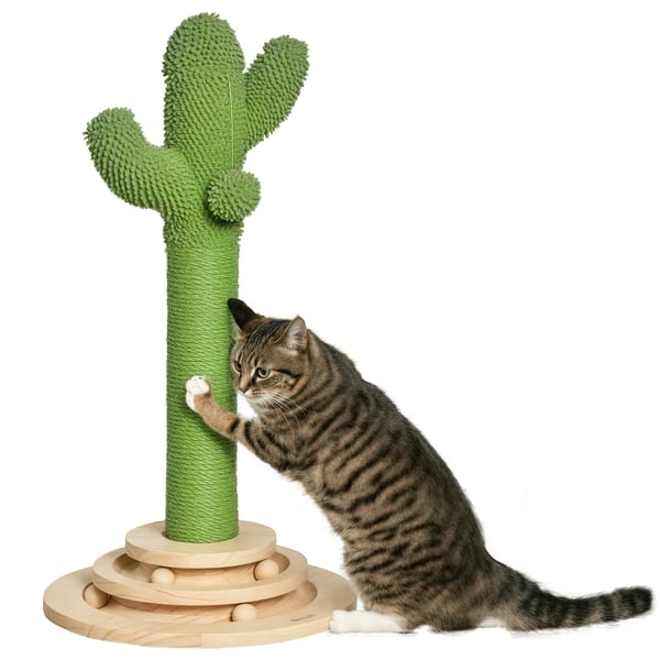 Kaktus klösträd - Klösstolpe för katt - 4 Nivåer - Sisalstolpe - Plyschhängboll - Bas i furu - 32×32×60 cm - Grön