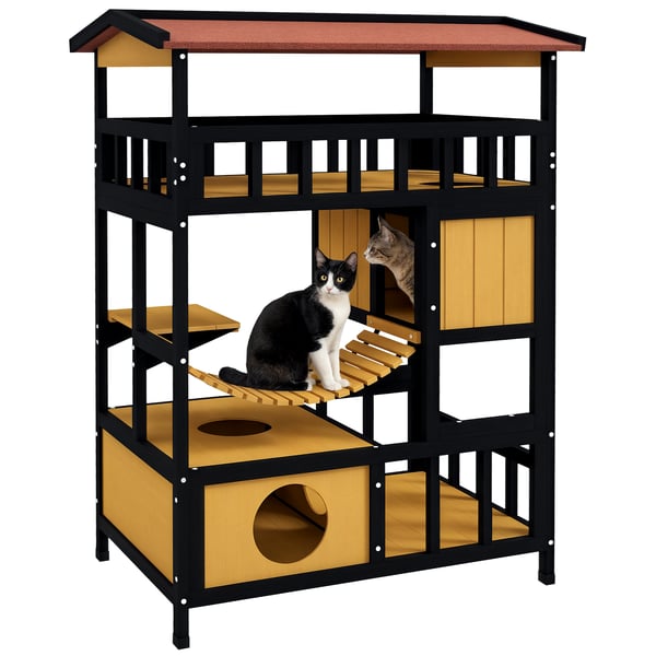 Katthus - 4 våningar - Hängbro - Balkong - Asfalttak - 84×60×116 cm - Utomhus - Naturträ