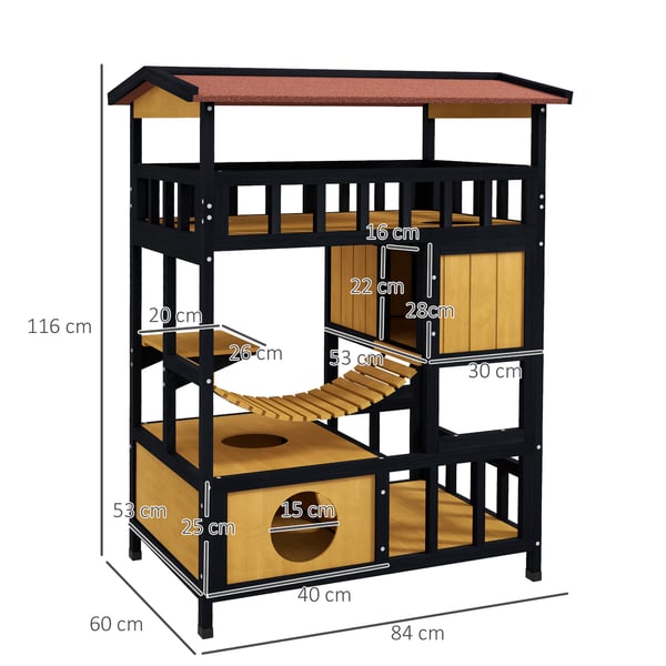 Katthus - 4 våningar - Hängbro - Balkong - Asfalttak - 84×60×116 cm - Utomhus - Naturträ