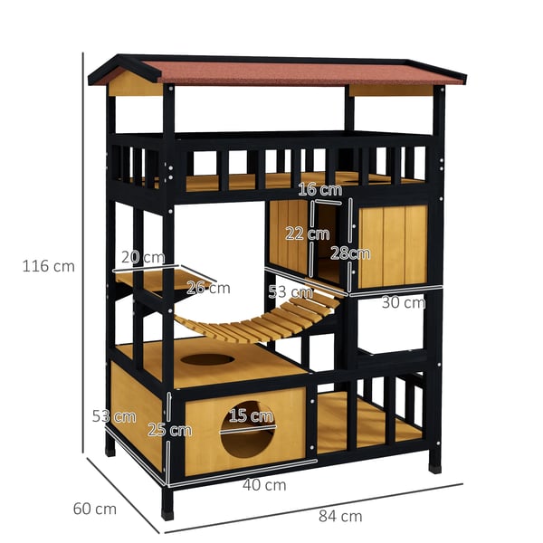 Katthus - 4 våningar - Hängbro - Balkong - Asfalttak - 84×60×116 cm - Utomhus - Naturträ