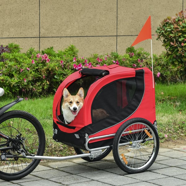 Cykelvagn för hund - Hundtrailer - 130×73×90 cm - Med flagga - 8 Reflektorer - Röd