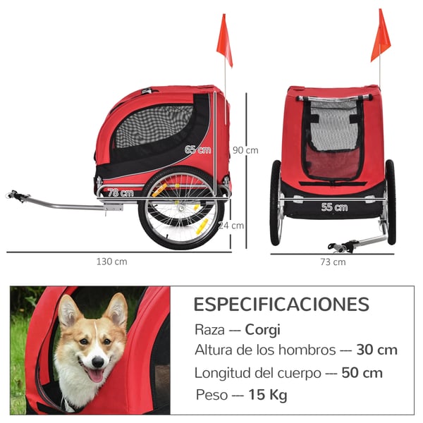 Cykelvagn för hund - Hundtrailer - 130×73×90 cm - Med flagga - 8 Reflektorer - Röd