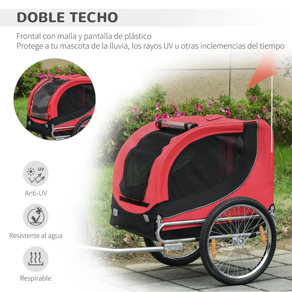 Cykelvagn för hund - Hundtrailer - 130×73×90 cm - Med flagga - 8 Reflektorer - Röd
