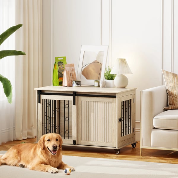 Hundbur - Sidobord - 2 dörrar - Låsbart - För stora hundar - Melamin/MDF - 100×56×65 cm - Ek