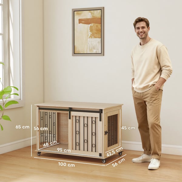 Hundbur - Sidobord - 2 dörrar - Låsbart - För stora hundar - Melamin/MDF - 100×56×65 cm - Ek