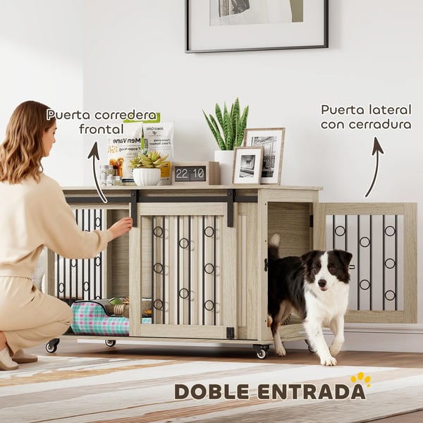 Hundbur - Sidobord - 2 dörrar - Låsbart - För stora hundar - Melamin/MDF - 100×56×65 cm - Ek
