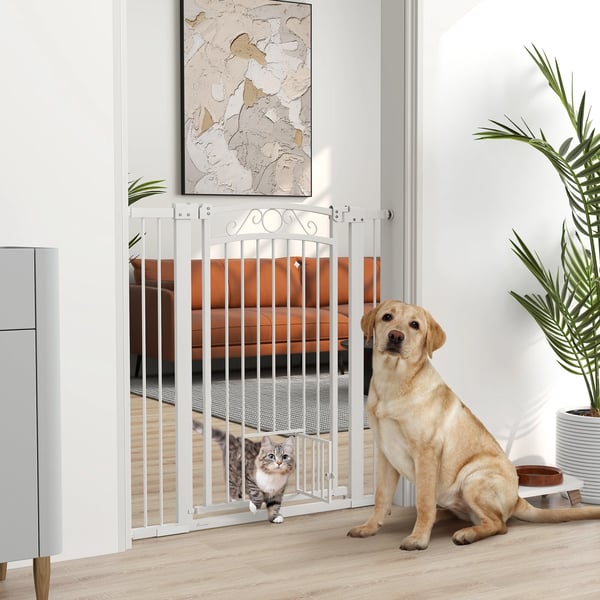 Hundgrind - Säkerhetsgrind för trappor och dörrar - Justerbar bredd 76–104 cm - Höjd 96 cm - 2 Förlängningar - Stål och plast - Vit