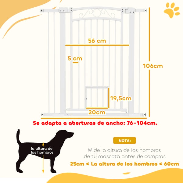 Hundgrind - Säkerhetsgrind för trappor och dörrar - Justerbar bredd 76–104 cm - Höjd 96 cm - 2 Förlängningar - Stål och plast - Vit