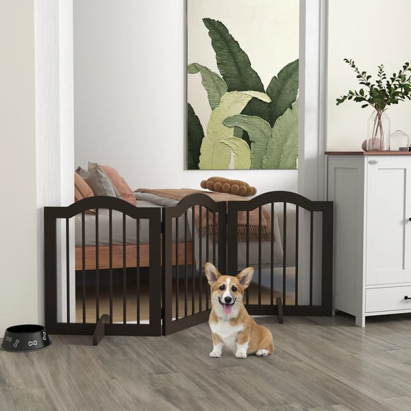 Hundgrind - Fällbart 3-panel säkerhetsgaller - Med ben - För medelstora hundar - MDF och trä - 154,5×29,5×61 cm - Kaffebrun