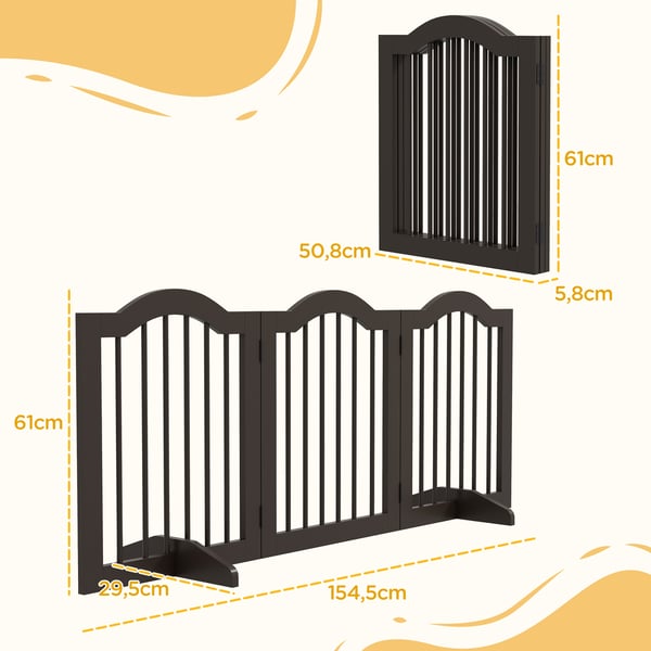 Hundgrind - Fällbart 3-panel säkerhetsgaller - Med ben - För medelstora hundar - MDF och trä - 154,5×29,5×61 cm - Kaffebrun