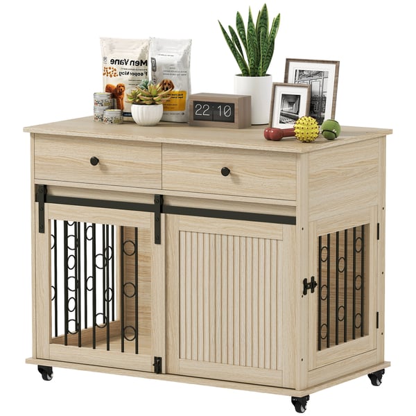Hundbur - Sidobord - För stora hundar - 2 lådor - 2 dörrar med lås - Melamin/MDF - 100×56×81 cm - Ek